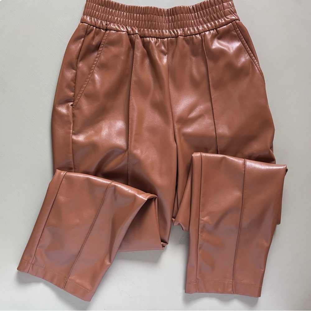 Anthropologie D' Amelie Paris Sleek Cognac Faux Leather Wide Leg Trousers Pant - Picture 8 of 12